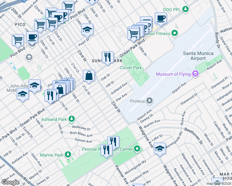map of restaurants, bars, coffee shops, grocery stores, and more near 2302 Ashland Avenue in Santa Monica