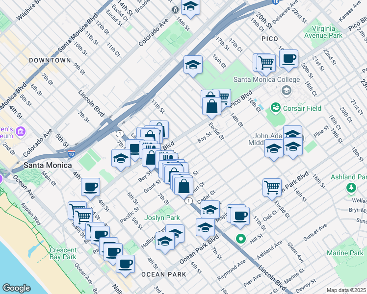 map of restaurants, bars, coffee shops, grocery stores, and more near 1027 Grant Street in Santa Monica