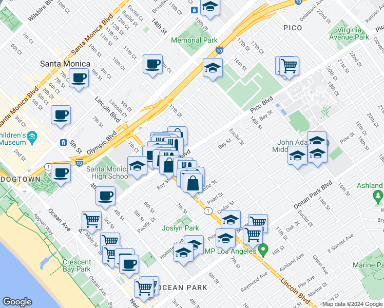 map of restaurants, bars, coffee shops, grocery stores, and more near 1926 10th Street in Santa Monica