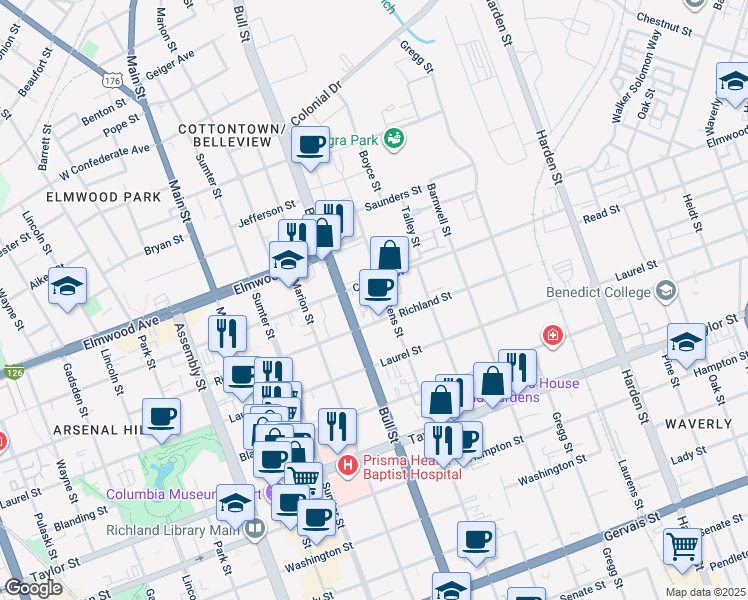 map of restaurants, bars, coffee shops, grocery stores, and more near 1533 Richland Street in Columbia
