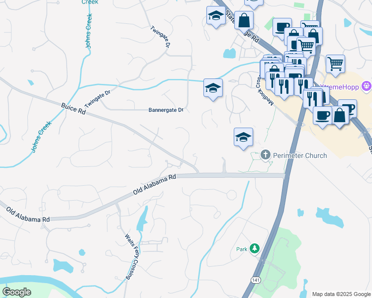 map of restaurants, bars, coffee shops, grocery stores, and more near 125 Forrest Lake Road in Alpharetta
