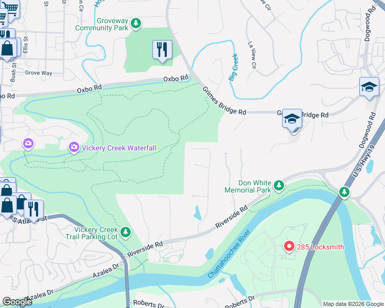 map of restaurants, bars, coffee shops, grocery stores, and more near 135 River Lake Court in Roswell