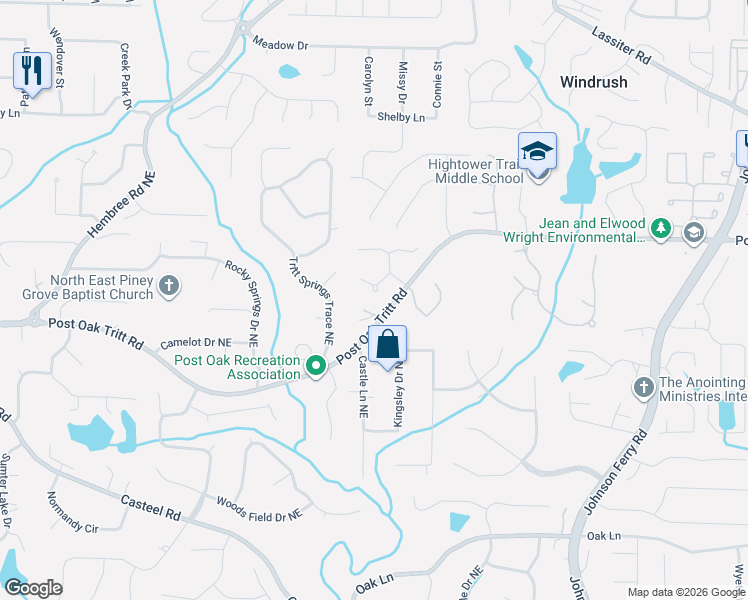 map of restaurants, bars, coffee shops, grocery stores, and more near 3647 Post Oak Tritt Road in Marietta