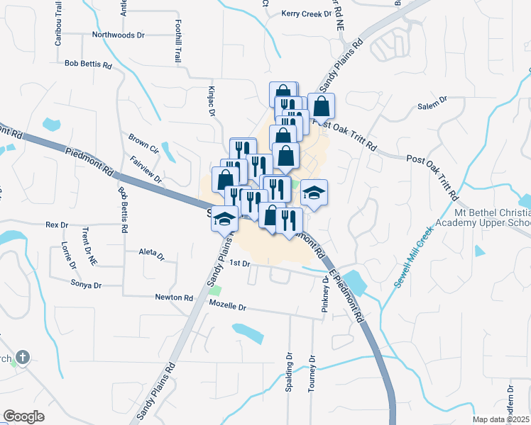 map of restaurants, bars, coffee shops, grocery stores, and more near 2544 Silver Star Drive Northeast in Marietta