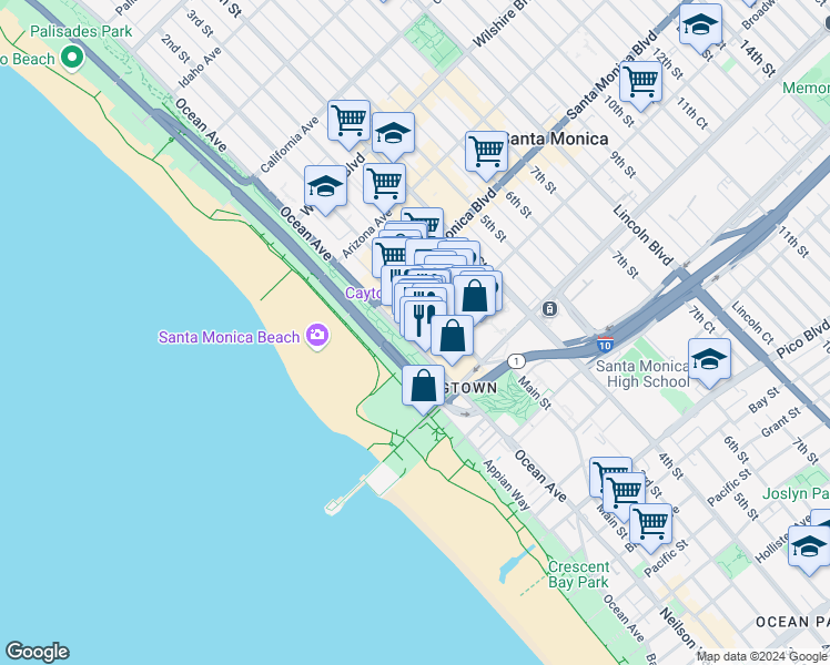 map of restaurants, bars, coffee shops, grocery stores, and more near 1447 Ocean Avenue in Santa Monica