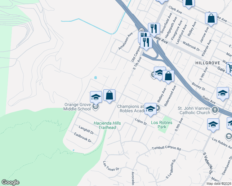 map of restaurants, bars, coffee shops, grocery stores, and more near 14542 Los Robles Avenue in La Puente