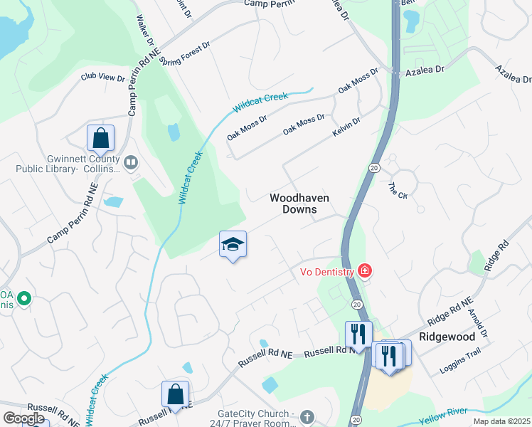 map of restaurants, bars, coffee shops, grocery stores, and more near 622 Saddlewood Drive in Lawrenceville