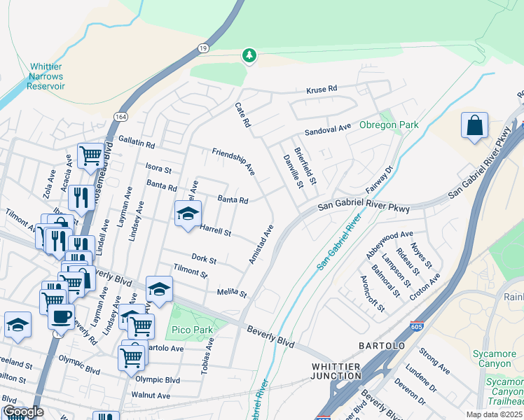 map of restaurants, bars, coffee shops, grocery stores, and more near 4113 Amistad Avenue in Pico Rivera