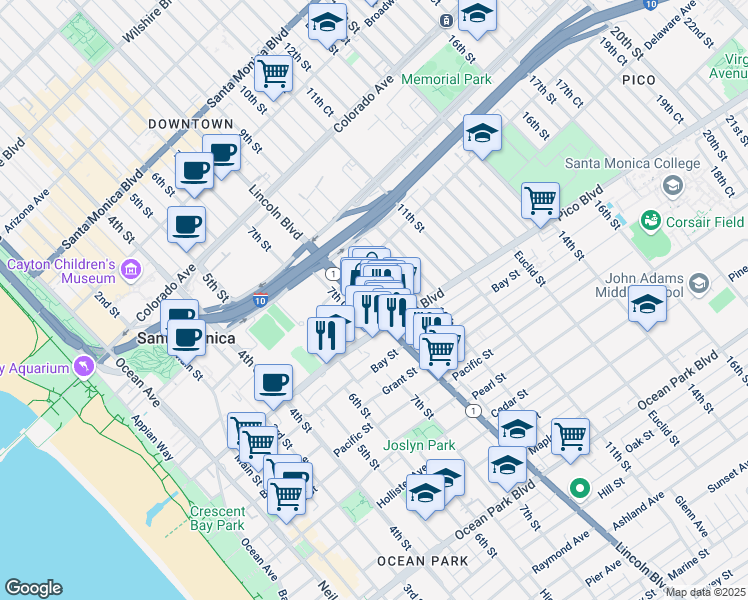 map of restaurants, bars, coffee shops, grocery stores, and more near 1866 California 1 in Santa Monica