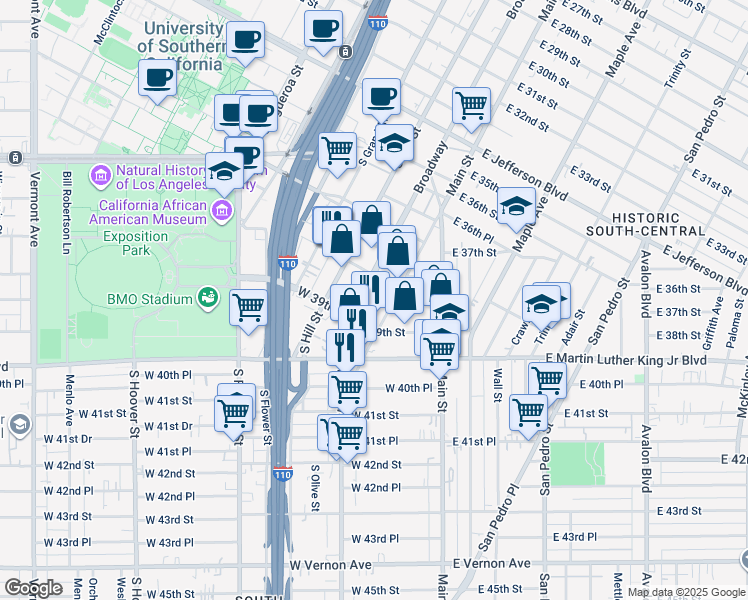 map of restaurants, bars, coffee shops, grocery stores, and more near 3838 Broadway Place in Los Angeles