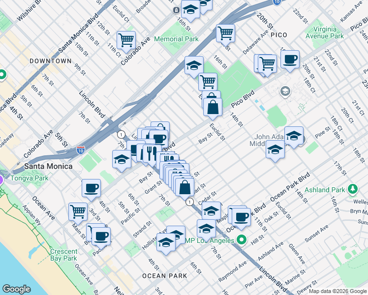 map of restaurants, bars, coffee shops, grocery stores, and more near 1027 Grant Street in Santa Monica