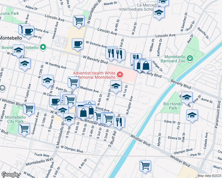 map of restaurants, bars, coffee shops, grocery stores, and more near 200 West Madison Avenue in Montebello