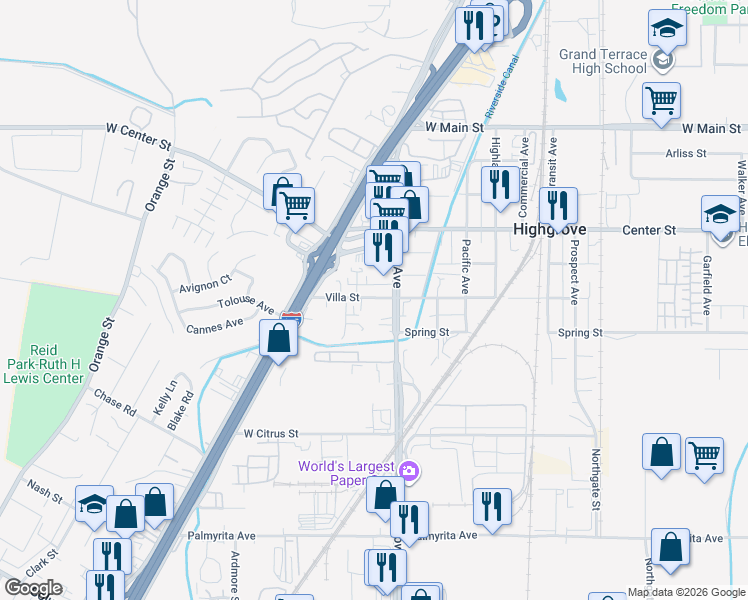 map of restaurants, bars, coffee shops, grocery stores, and more near 1348 Villa Street in Riverside