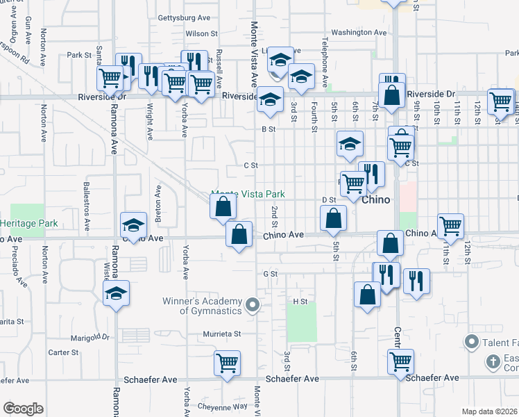 map of restaurants, bars, coffee shops, grocery stores, and more near 13247 Monte Vista Avenue in Chino