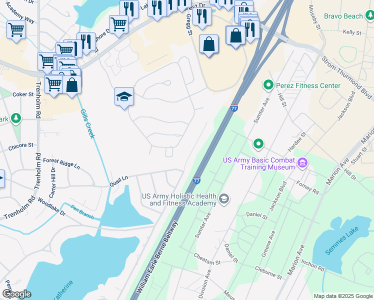 map of restaurants, bars, coffee shops, grocery stores, and more near 2058 Shady Lane in Columbia