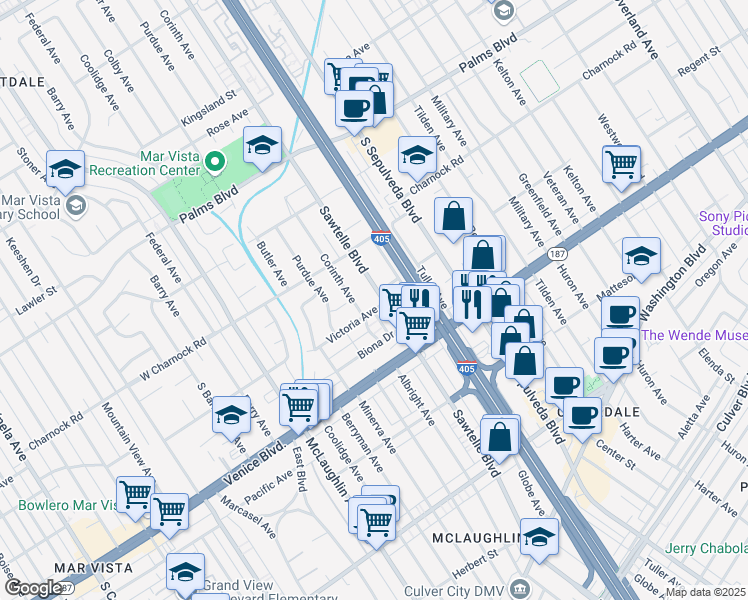 map of restaurants, bars, coffee shops, grocery stores, and more near 3667 Sawtelle Boulevard in Los Angeles