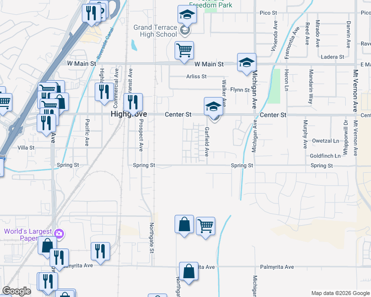 map of restaurants, bars, coffee shops, grocery stores, and more near 19128 Chestnut Grove Court in Riverside