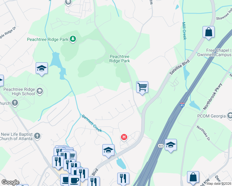 map of restaurants, bars, coffee shops, grocery stores, and more near 1260 Taramore Drive in Suwanee