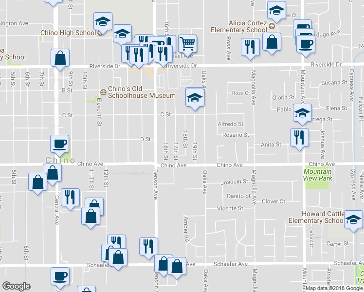 map of restaurants, bars, coffee shops, grocery stores, and more near 13224 18th Street in Chino