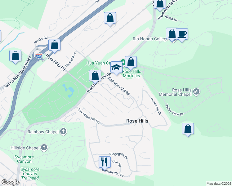 map of restaurants, bars, coffee shops, grocery stores, and more near 10505 Cliota Street in Whittier