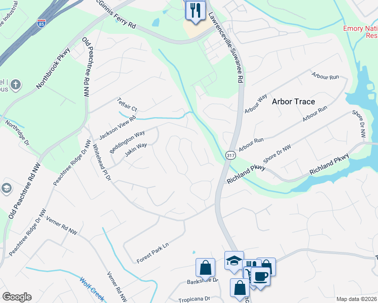 map of restaurants, bars, coffee shops, grocery stores, and more near 545 Fosters Mill Lane Northwest in Suwanee