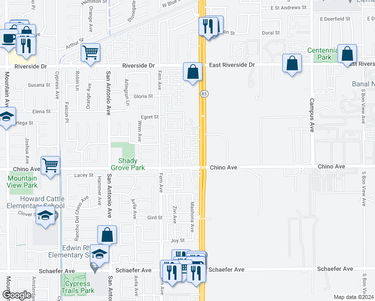 map of restaurants, bars, coffee shops, grocery stores, and more near 7009 Malta Street in Chino