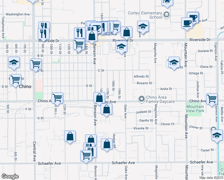 map of restaurants, bars, coffee shops, grocery stores, and more near 13224 18th Street in Chino