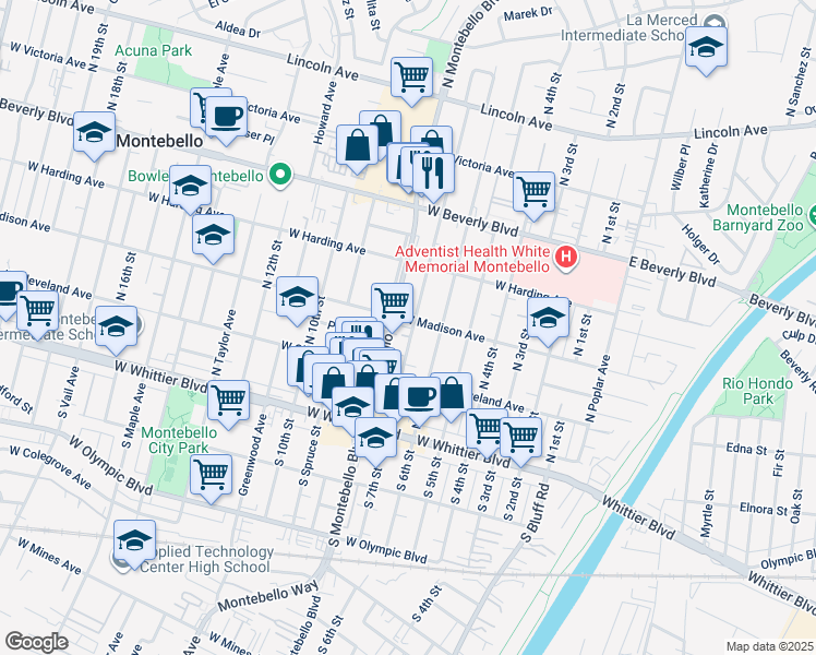 map of restaurants, bars, coffee shops, grocery stores, and more near 701 West Madison Avenue in Montebello