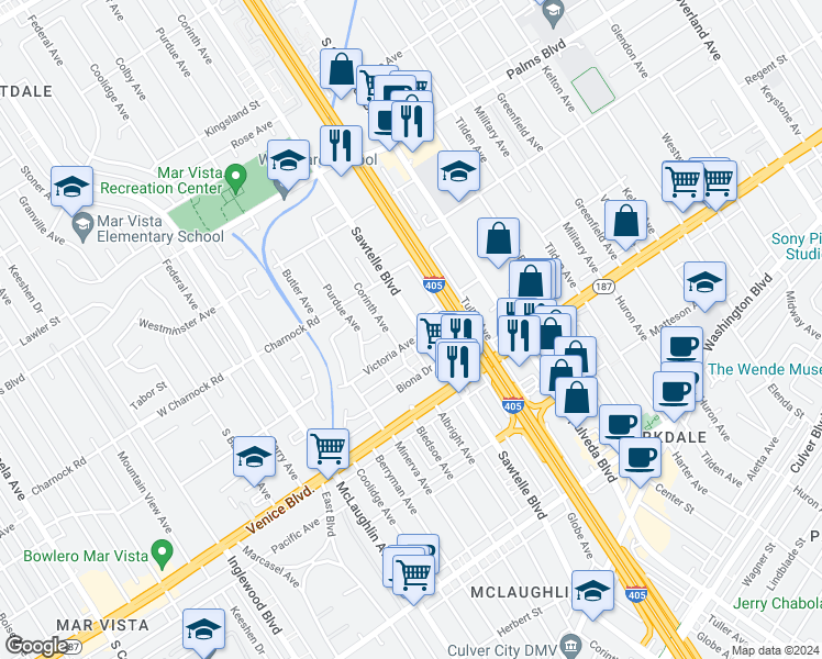 map of restaurants, bars, coffee shops, grocery stores, and more near 3667 Sawtelle Boulevard in Los Angeles
