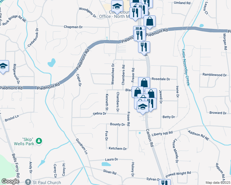map of restaurants, bars, coffee shops, grocery stores, and more near 2537 Chambers Drive in Marietta