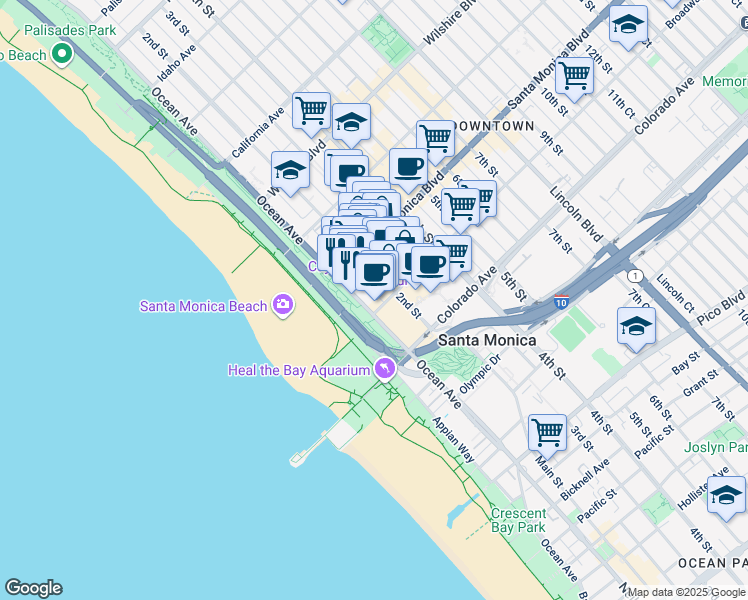 map of restaurants, bars, coffee shops, grocery stores, and more near 1431 Ocean Avenue in Santa Monica
