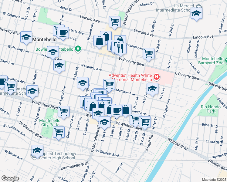 map of restaurants, bars, coffee shops, grocery stores, and more near 305 North Montebello Boulevard in Montebello