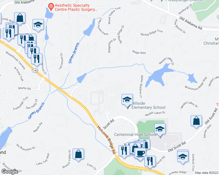 map of restaurants, bars, coffee shops, grocery stores, and more near 168 West Ridge Way in Roswell