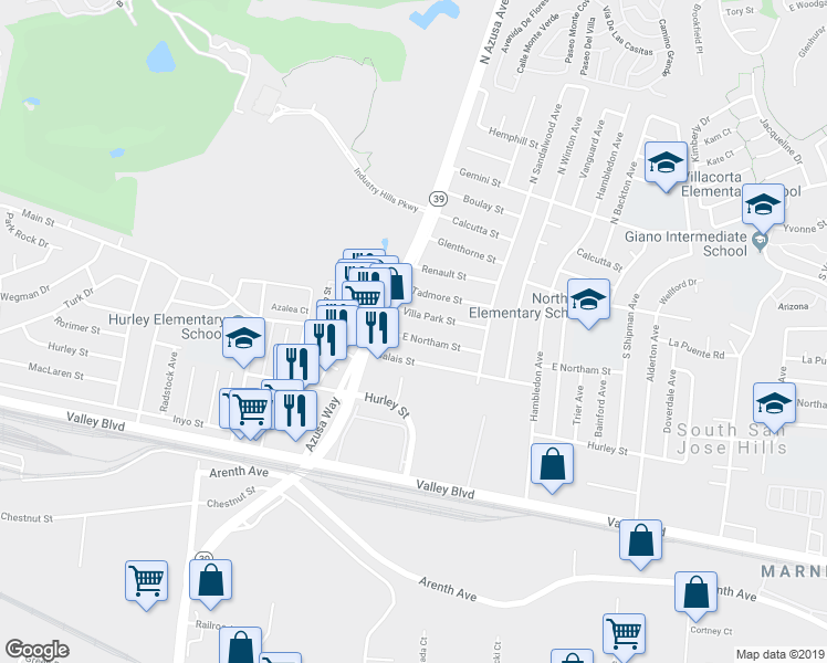 map of restaurants, bars, coffee shops, grocery stores, and more near 17437 East Northam Street in La Puente