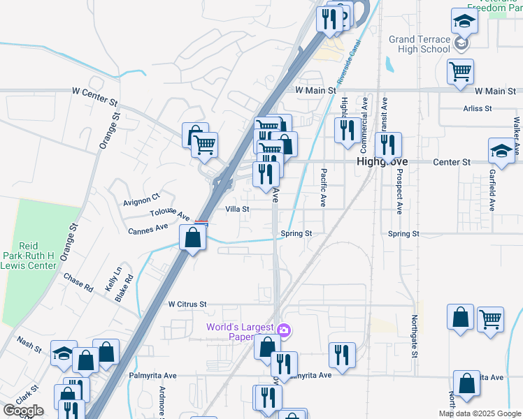 map of restaurants, bars, coffee shops, grocery stores, and more near 1327 Villa Street in Riverside