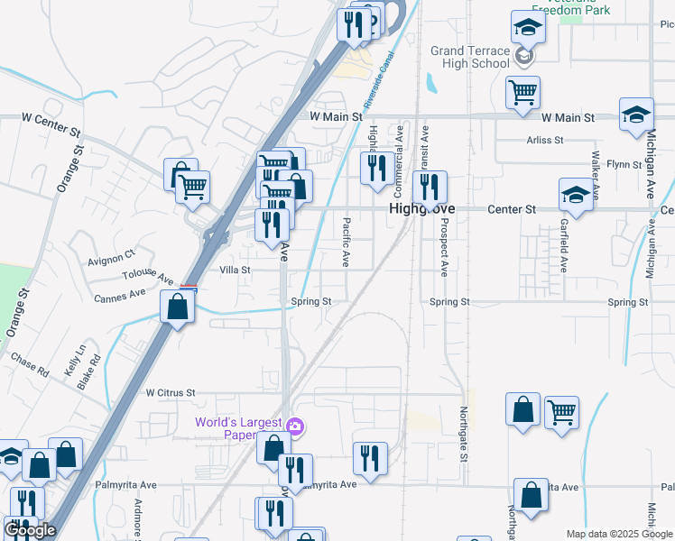 map of restaurants, bars, coffee shops, grocery stores, and more near 1168 Villa Street in Riverside