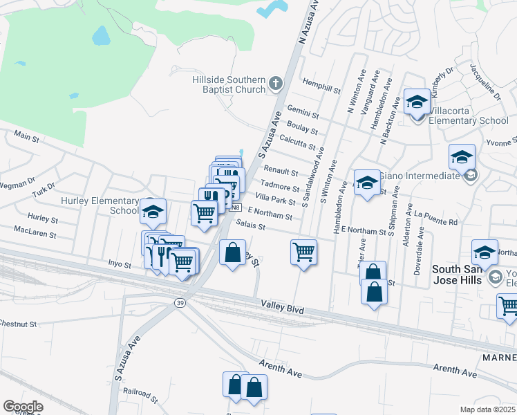 map of restaurants, bars, coffee shops, grocery stores, and more near 17437 East Northam Street in La Puente