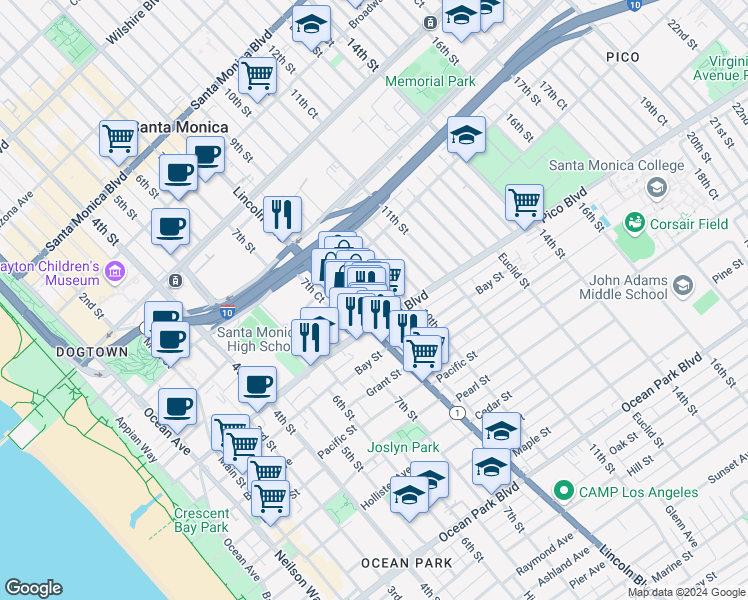 map of restaurants, bars, coffee shops, grocery stores, and more near 1850 9th Street in Santa Monica