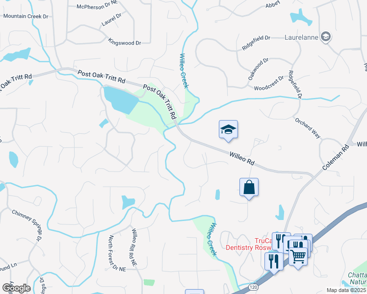 map of restaurants, bars, coffee shops, grocery stores, and more near 1065 Willeo Road in Roswell