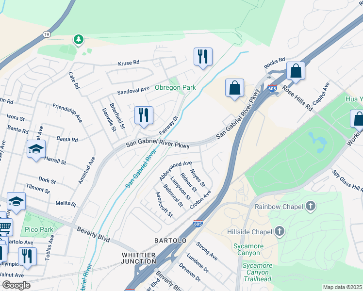 map of restaurants, bars, coffee shops, grocery stores, and more near San Gabriel River Parkway in Pico Rivera