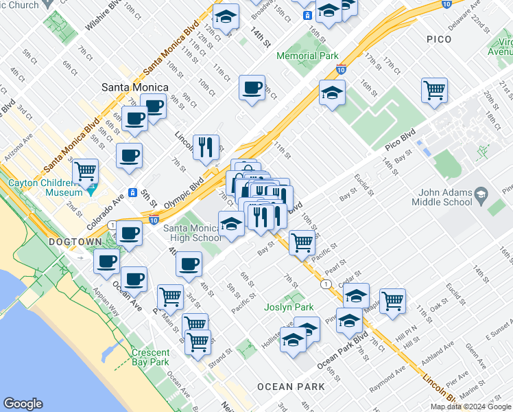 map of restaurants, bars, coffee shops, grocery stores, and more near 1820 9th Street in Santa Monica