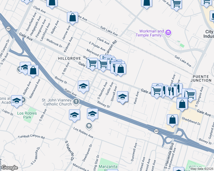 map of restaurants, bars, coffee shops, grocery stores, and more near 1120 South Nantes Avenue in Hacienda Heights