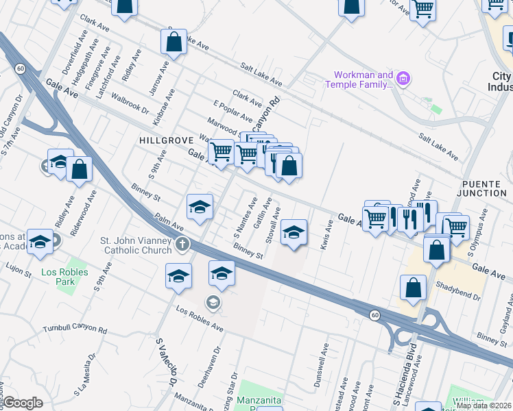 map of restaurants, bars, coffee shops, grocery stores, and more near 1120 South Nantes Avenue in Hacienda Heights