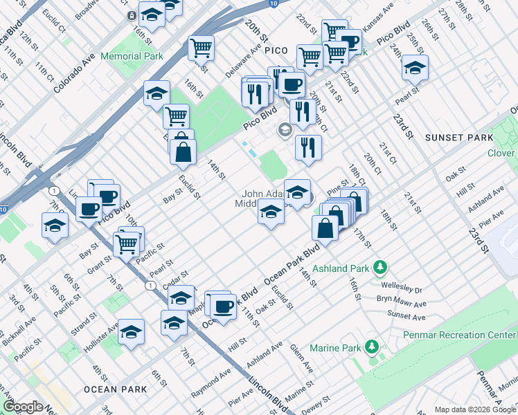 map of restaurants, bars, coffee shops, grocery stores, and more near 1412 Pearl Street in Santa Monica