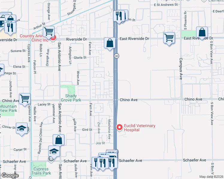 map of restaurants, bars, coffee shops, grocery stores, and more near 7053 Roseville Street in Chino