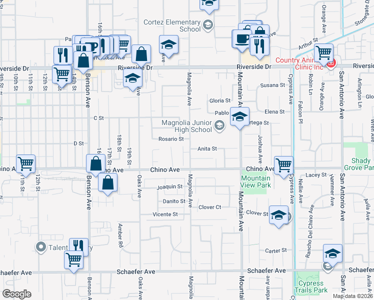 map of restaurants, bars, coffee shops, grocery stores, and more near 6087 Rosario Street in Chino