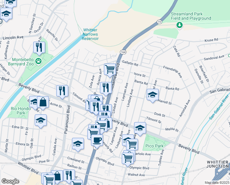 map of restaurants, bars, coffee shops, grocery stores, and more near 4137 Rosemead Boulevard in Pico Rivera