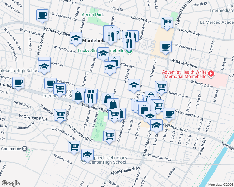 map of restaurants, bars, coffee shops, grocery stores, and more near in Montebello