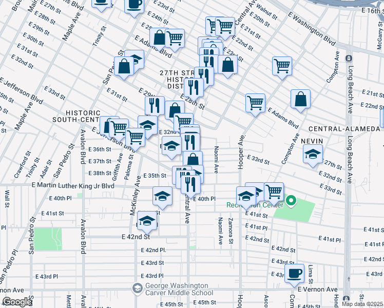 map of restaurants, bars, coffee shops, grocery stores, and more near 1141 East 33rd Street in Los Angeles