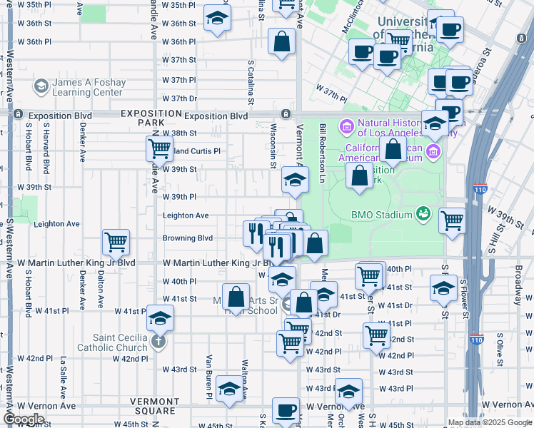 map of restaurants, bars, coffee shops, grocery stores, and more near 1048 1/4 West 39th Place in Los Angeles